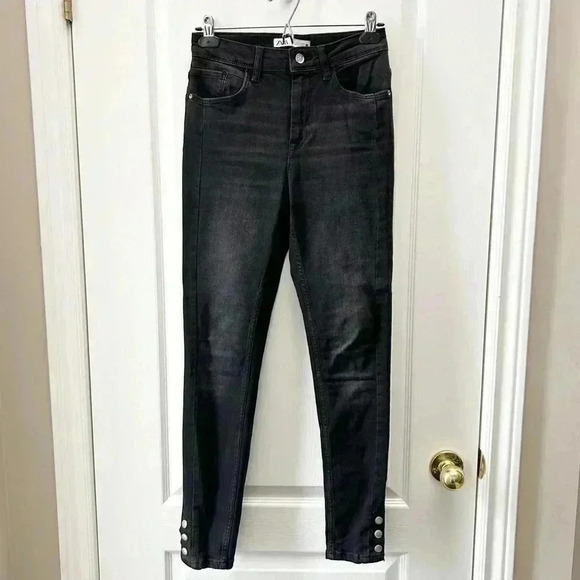 Zara High Rise Skinny Jeans Ankle Snaps Washed Black Size 2 - Picture 3 of 14